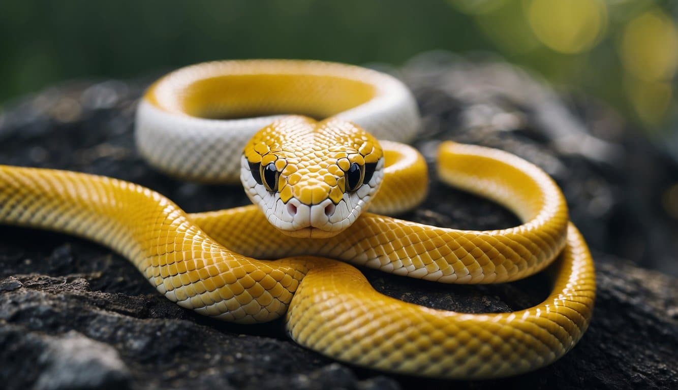 A yellow and white snake encounters humans