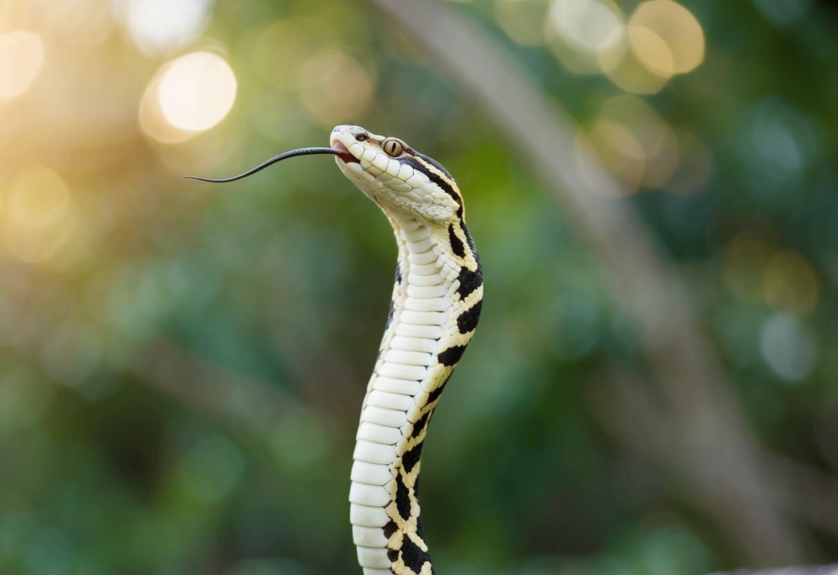 A cobra se erguendo com os dentes à mostra, pronta para atacar em uma postura defensiva