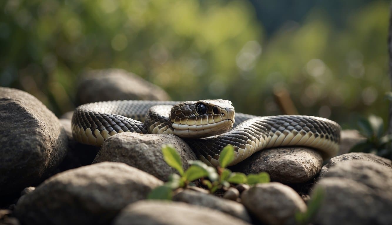 A snake with a cotton-filled mouth, surrounded by rocks and vegetation