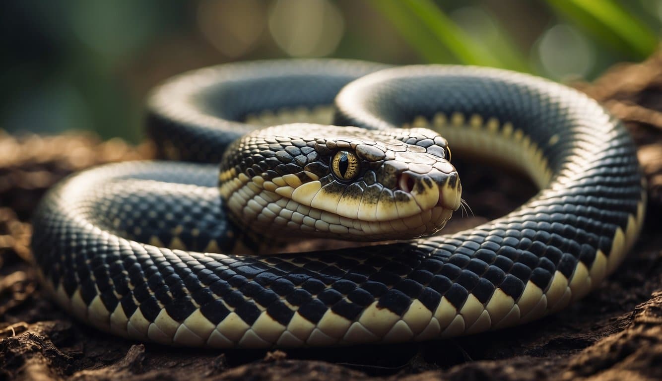 A snake with a menacing expression, coiled and ready to strike