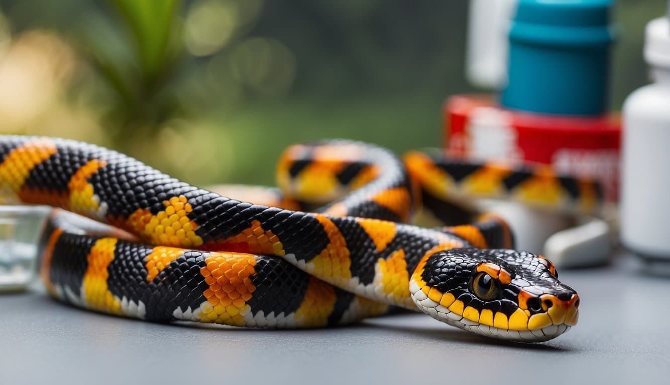 A young coral snake slithers through a medical setting, with first aid equipment and warning signs for prevention