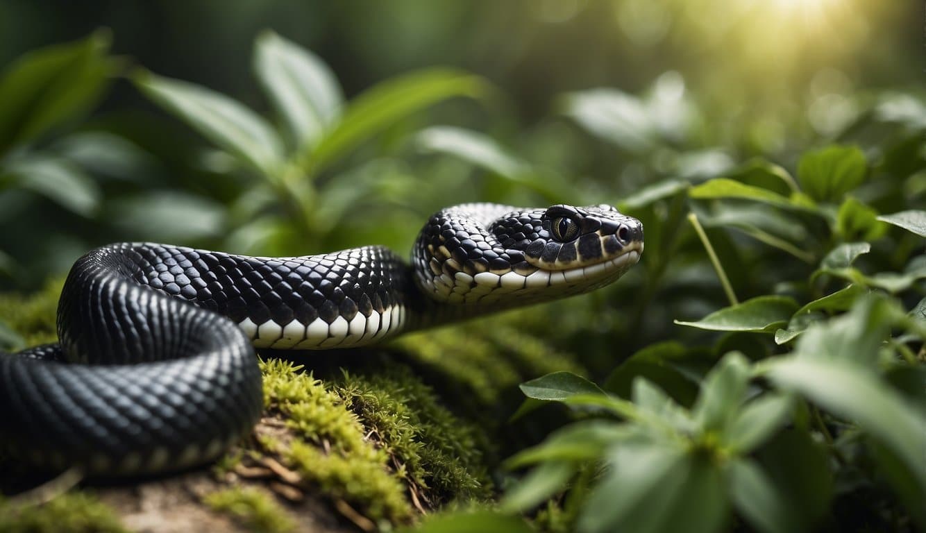 A black water snake slithers through the lush green vegetation, its scales glistening in the sunlight as it moves gracefully across the forest floor