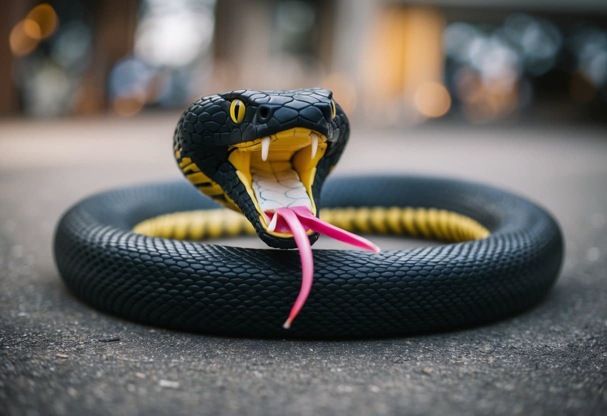 Uma cobra feita de espuma EVA, enrolada e pronta para atacar, com uma expressão ameaçadora e uma língua bifurcada saindo de sua boca.