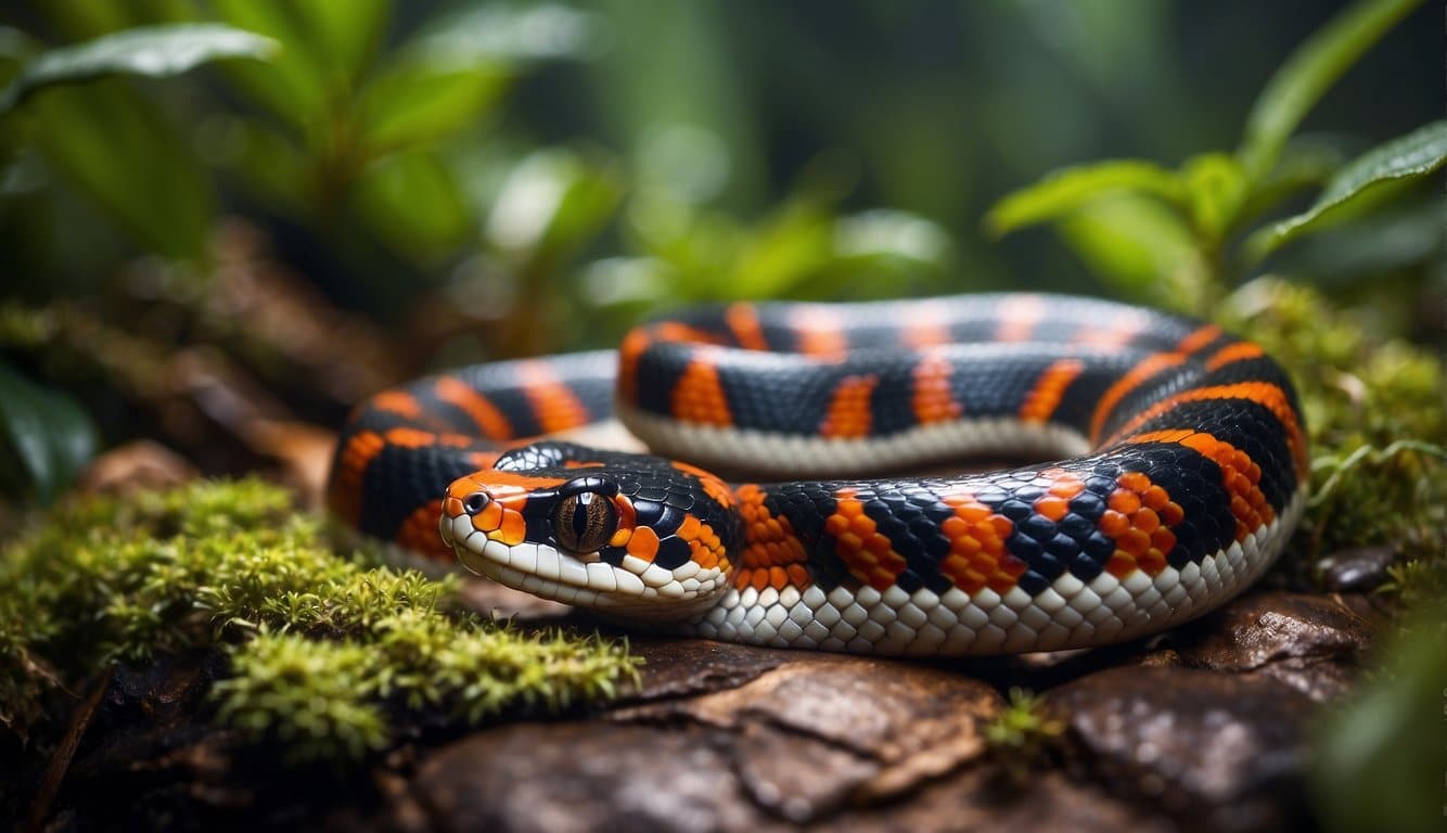 A milk snake slithers through a vibrant rainforest, showcasing its colorful scales and warning markings. Its presence highlights the ecological importance of snake conservation