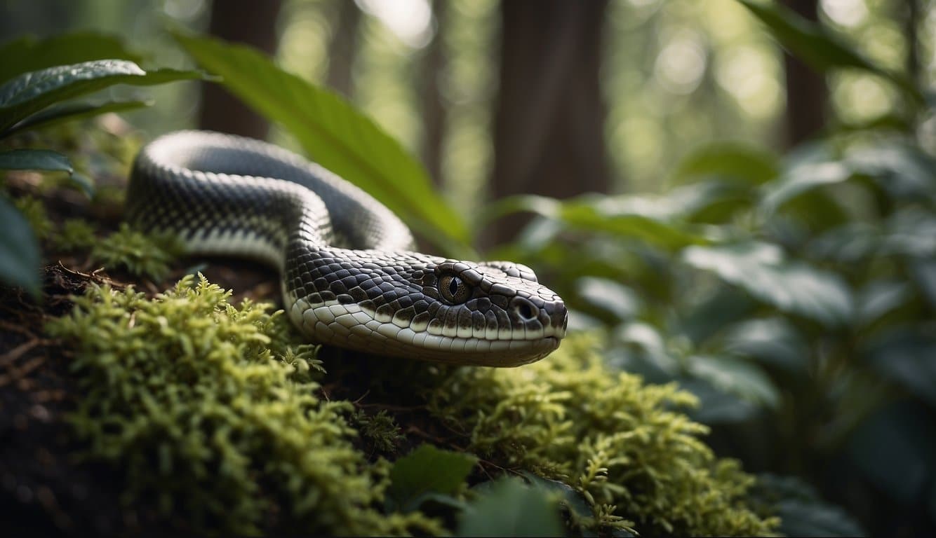 A snake slithers through dense foliage in a forest, blending into the underbrush