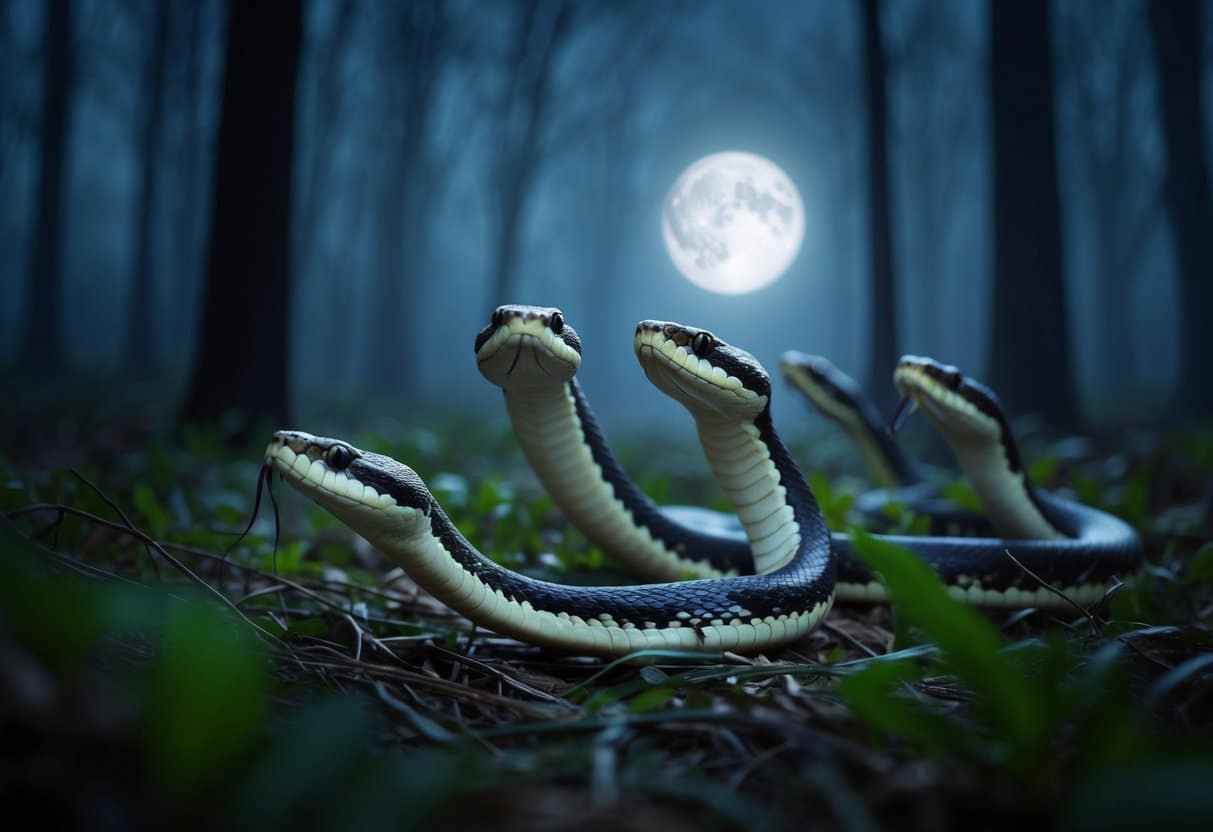 Uma cobra com sete cabeças emergindo de uma floresta escura e nebulosa, suas escamas brilhando à luz da lua enquanto se desliza pela vegetação rasteira.