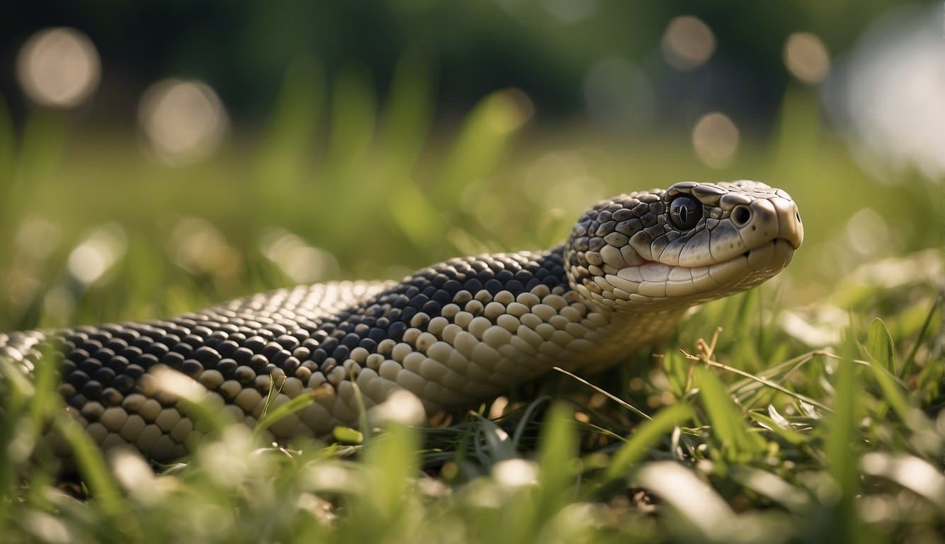 A cobra slithers through a grassy field, its scales glistening in the sunlight. It flicks its tongue, tasting the air for prey