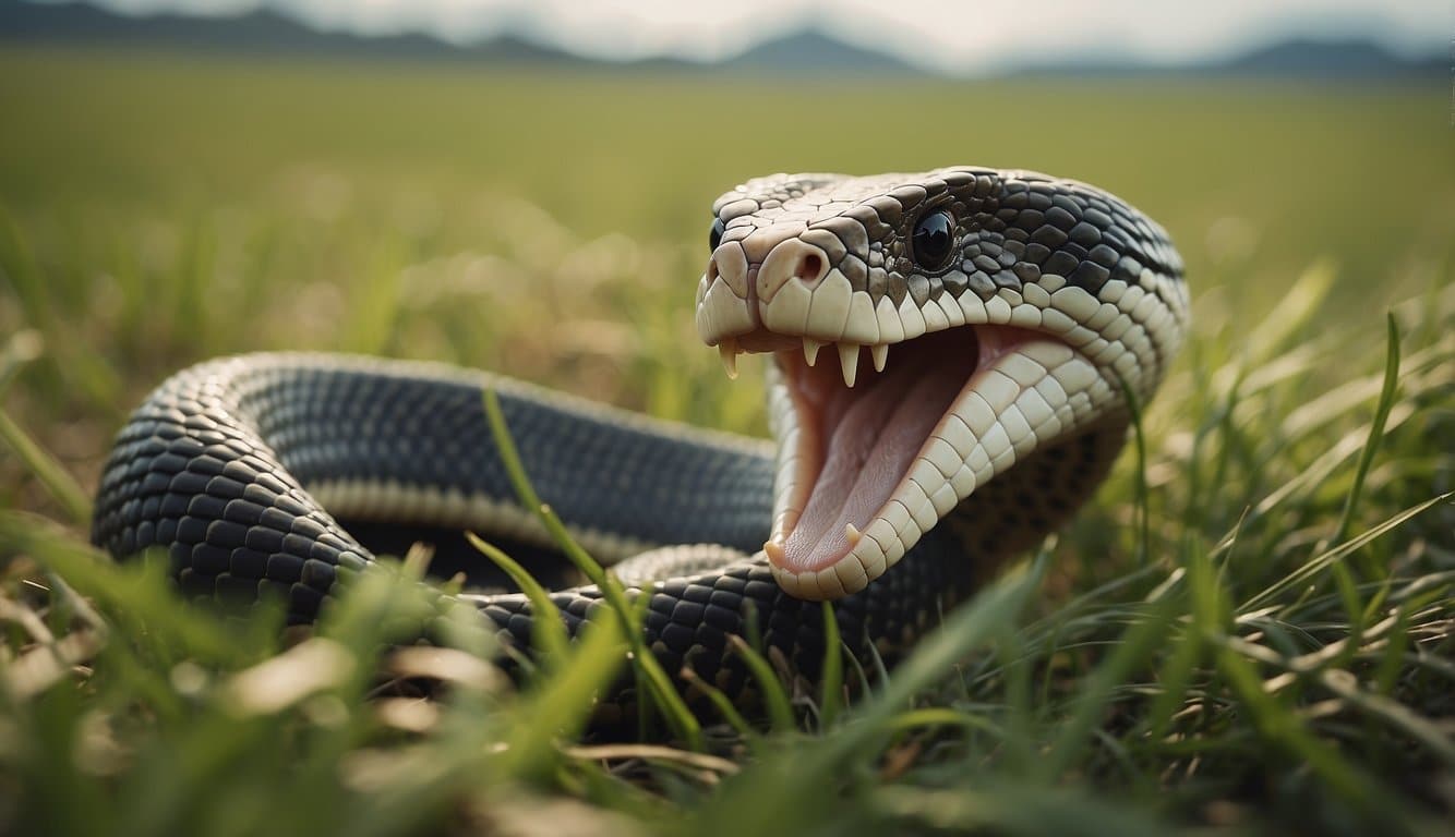 A cobra interacts with humans, slithering through a grassy field