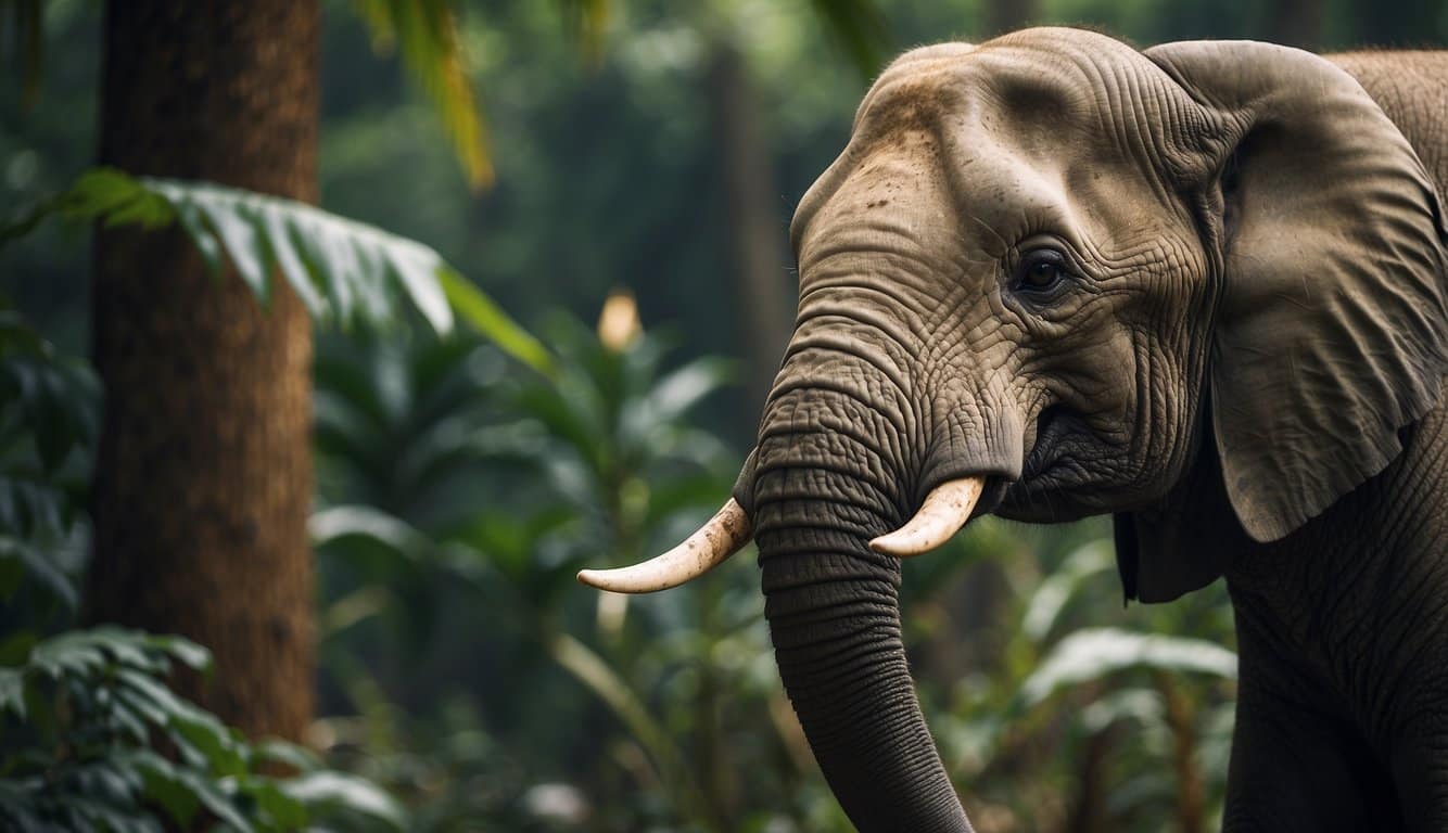 An elephant and a cobra interact in a jungle setting