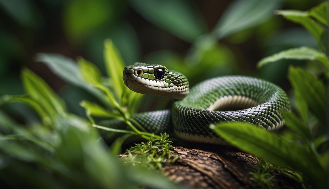 A small jararaca snake slithers through the lush undergrowth, blending in with the vibrant green foliage. Its sleek body and distinctive markings highlight its ecological importance