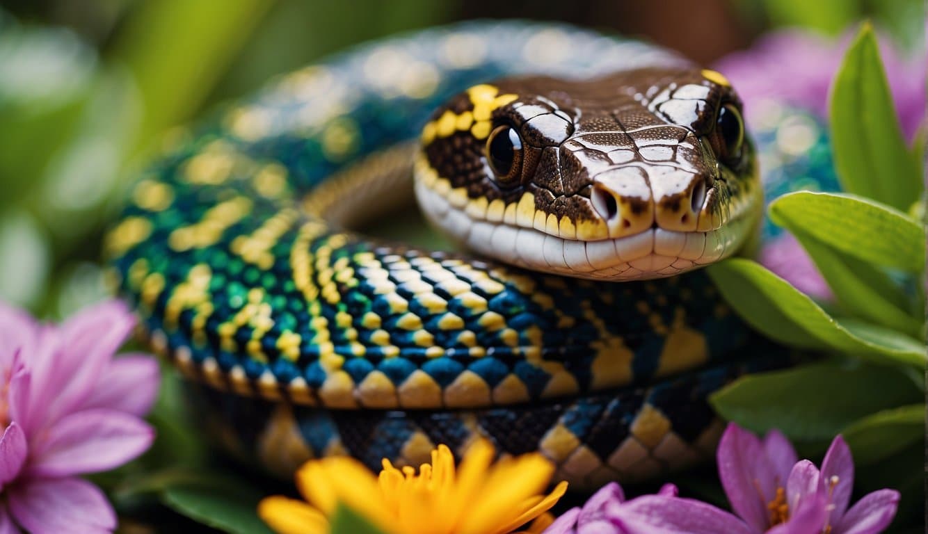Cobra Mais Linda Do Mundo: Conheça A Espécie E Suas Características 5 A vibrant, exotic snake coils gracefully among colorful flowers and lush foliage, its iridescent scales shimmering in the sunlight