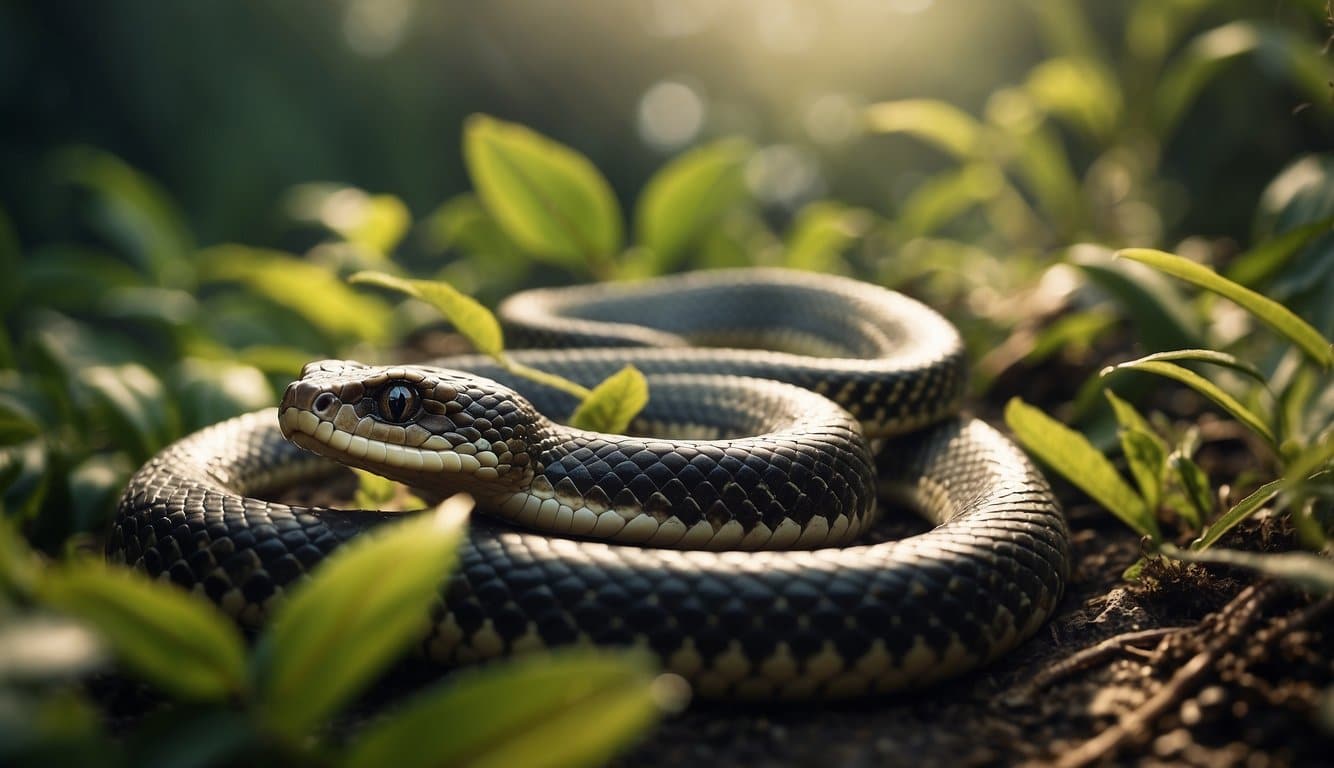 A snake slithers through its natural habitat, surrounded by lush vegetation and rocky terrain. Its scales glisten in the sunlight as it moves gracefully through the underbrush
