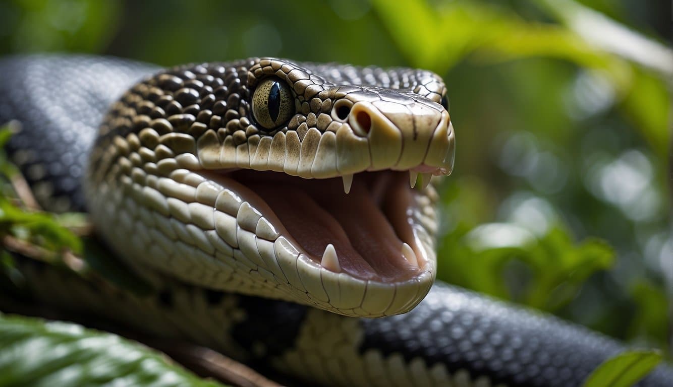 A cobra slithers through a lush jungle, scales glistening in the sunlight. Its hood is spread wide, revealing a pattern of intricate markings