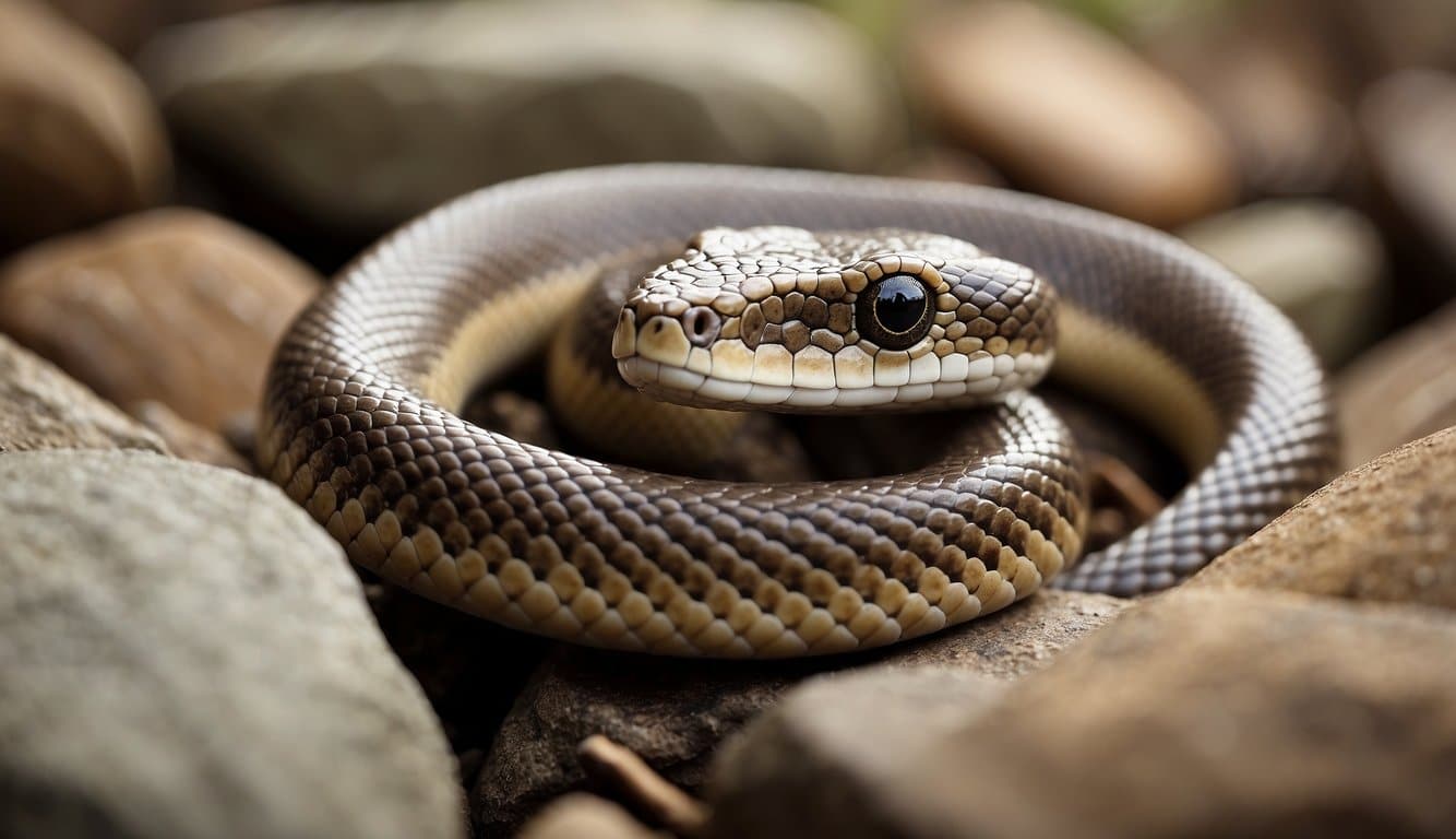 A small brown snake slithers among rocks, emphasizing accident prevention