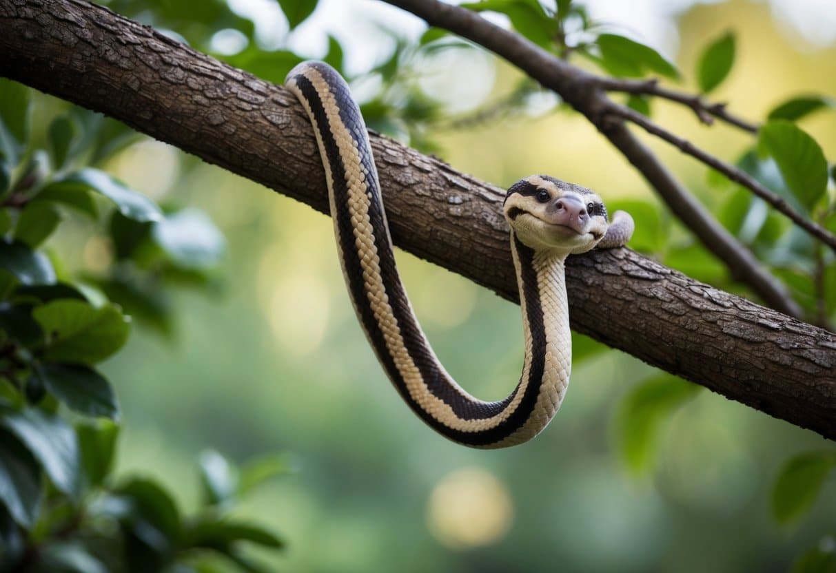 Uma cobra parecida com um bicho-preguiça pendurada em um galho de árvore, com uma expressão relaxada e contente no rosto. Folhagem ao redor e uma atmosfera pacífica.