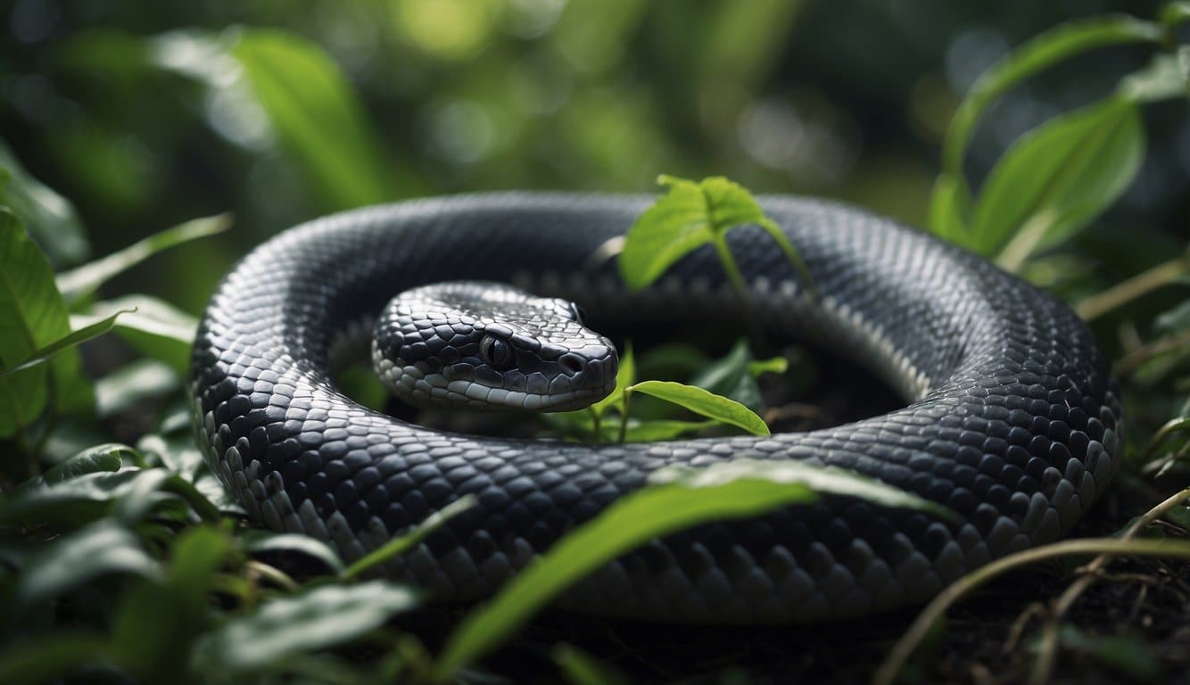 Cobra Preta E Cinza: Características E Curiosidades 5 A black and gray snake slithers through a lush green jungle