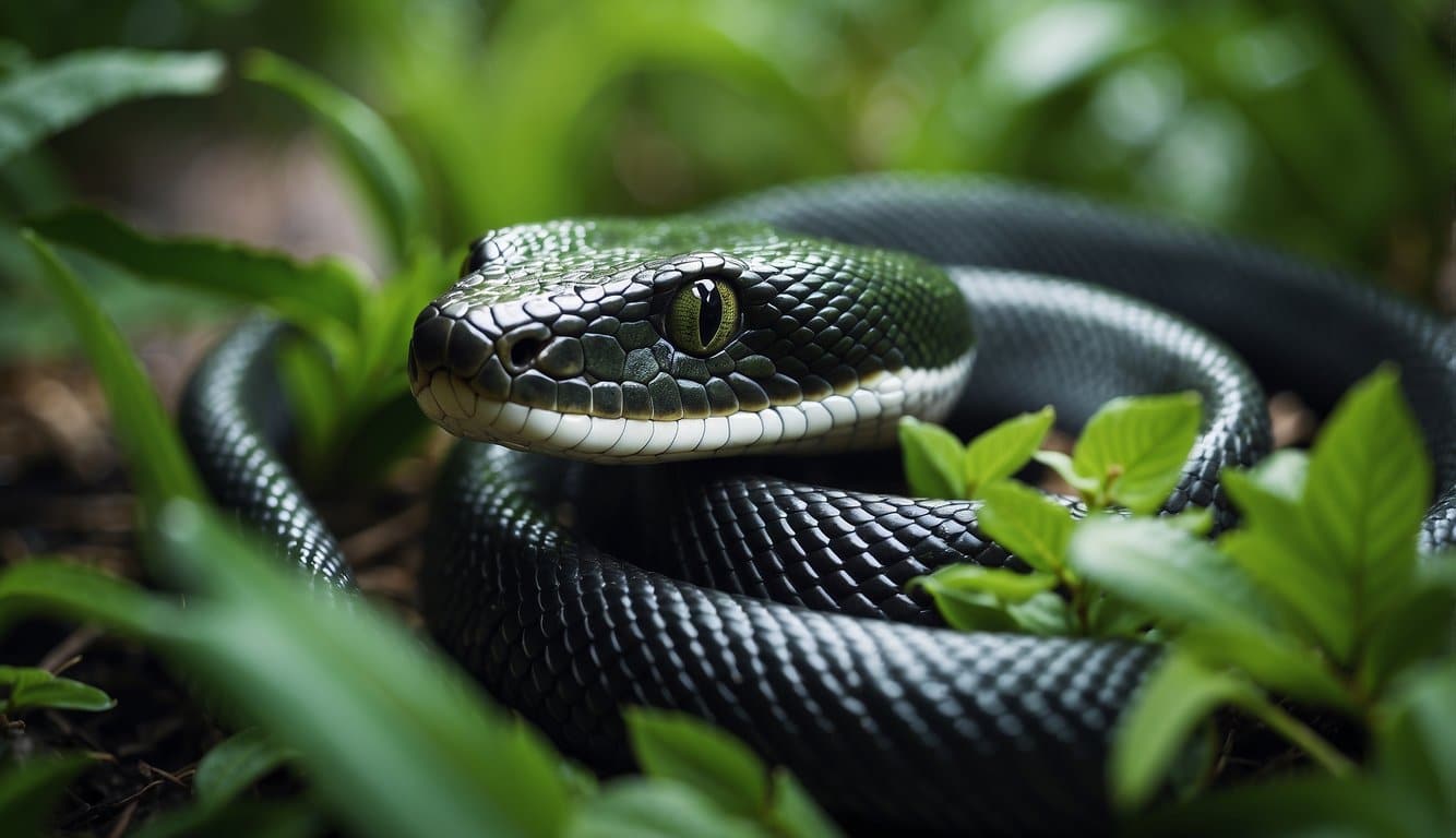A black and green snake slithers through lush vegetation