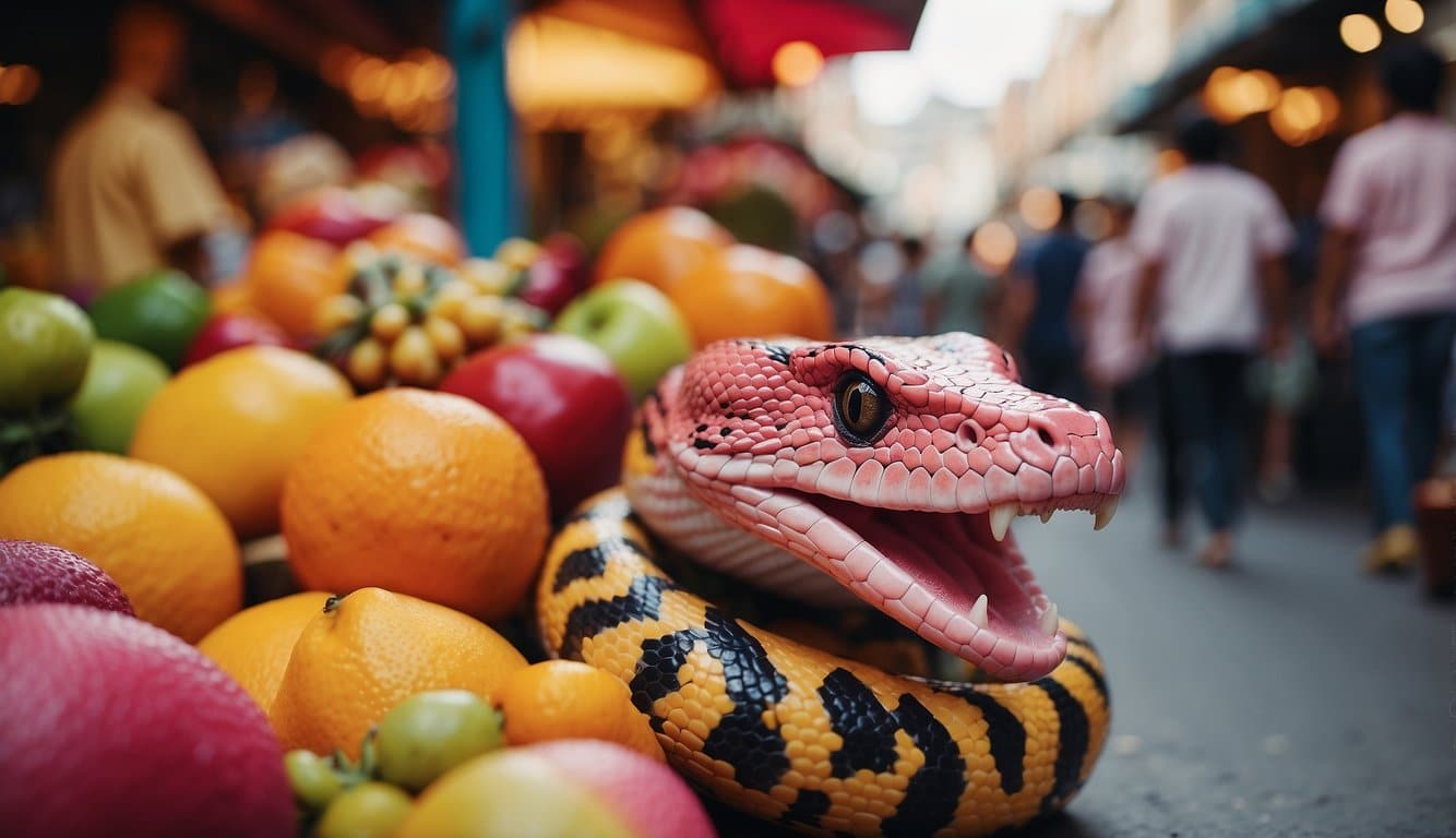 Cobra Rosa: Saiba Tudo Sobre A Espécie De Cobra Mais Venenosa Do Mundo 2 A vibrant pink cobra slithers through a bustling marketplace, surrounded by colorful textiles and exotic fruits, capturing the attention of onlookers with its striking presence