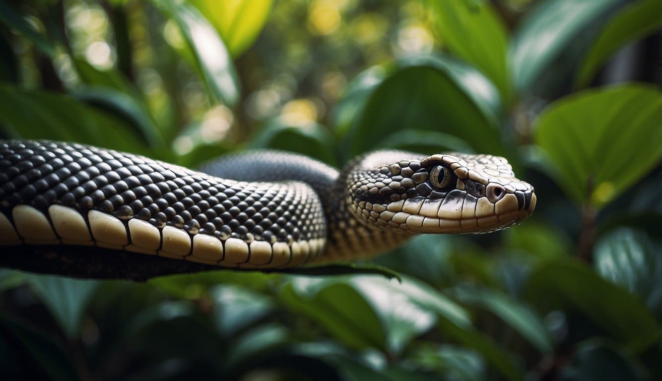 A majestic cobra, named Sofia, slithers gracefully through a lush, tropical jungle, her iridescent scales shimmering in the dappled sunlight