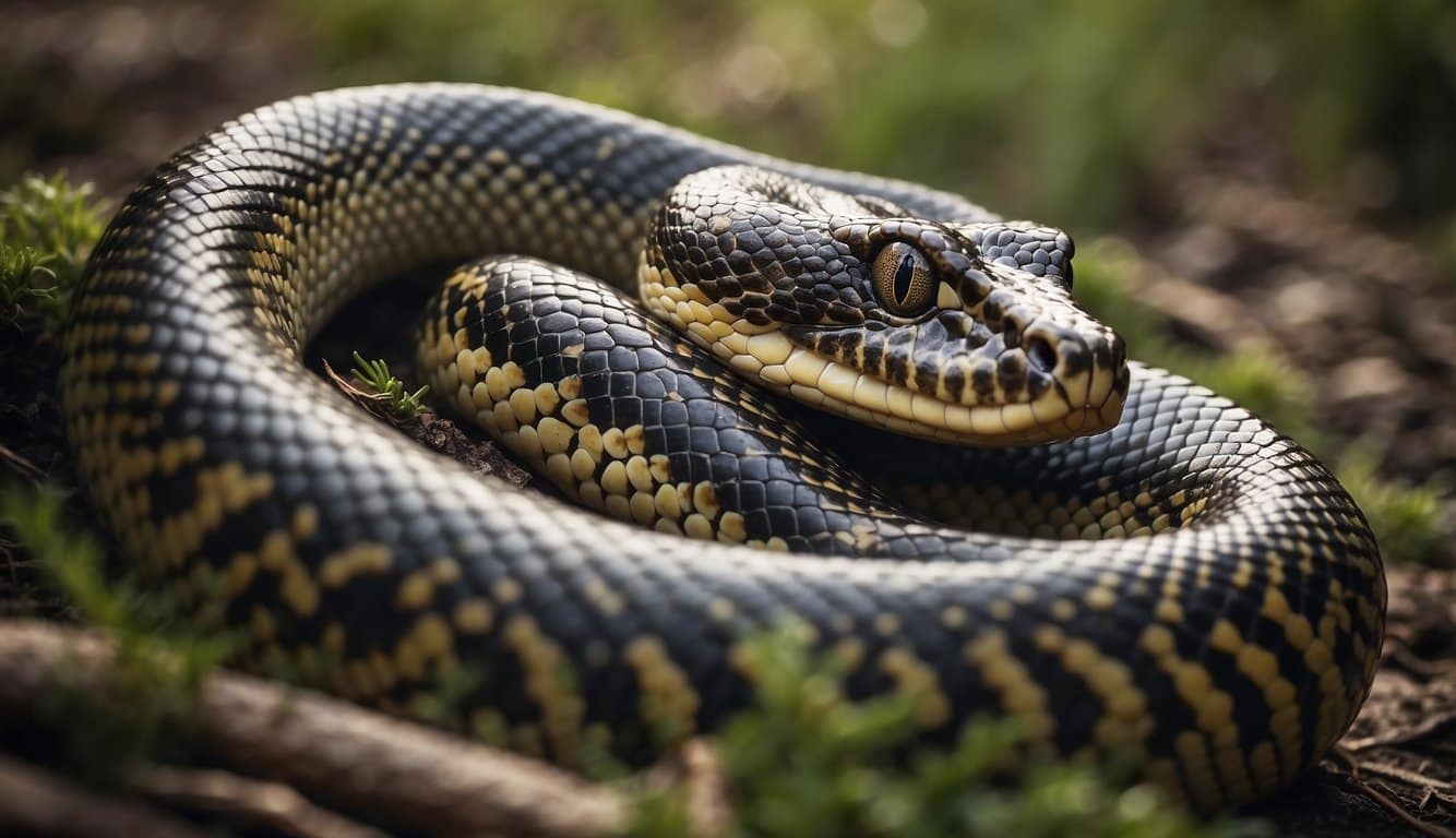 A venomous anaconda is coiled in a conservation area, drawing human interest