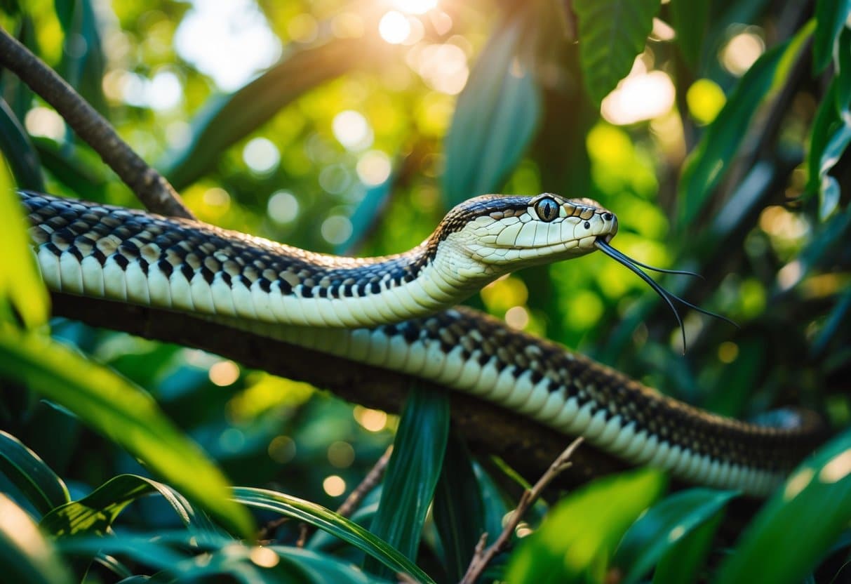 A cobra desliza por uma selva exuberante, suas escamas vibrantes brilhando ao sol enquanto se move graciosamente pela folhagem entrelaçada.