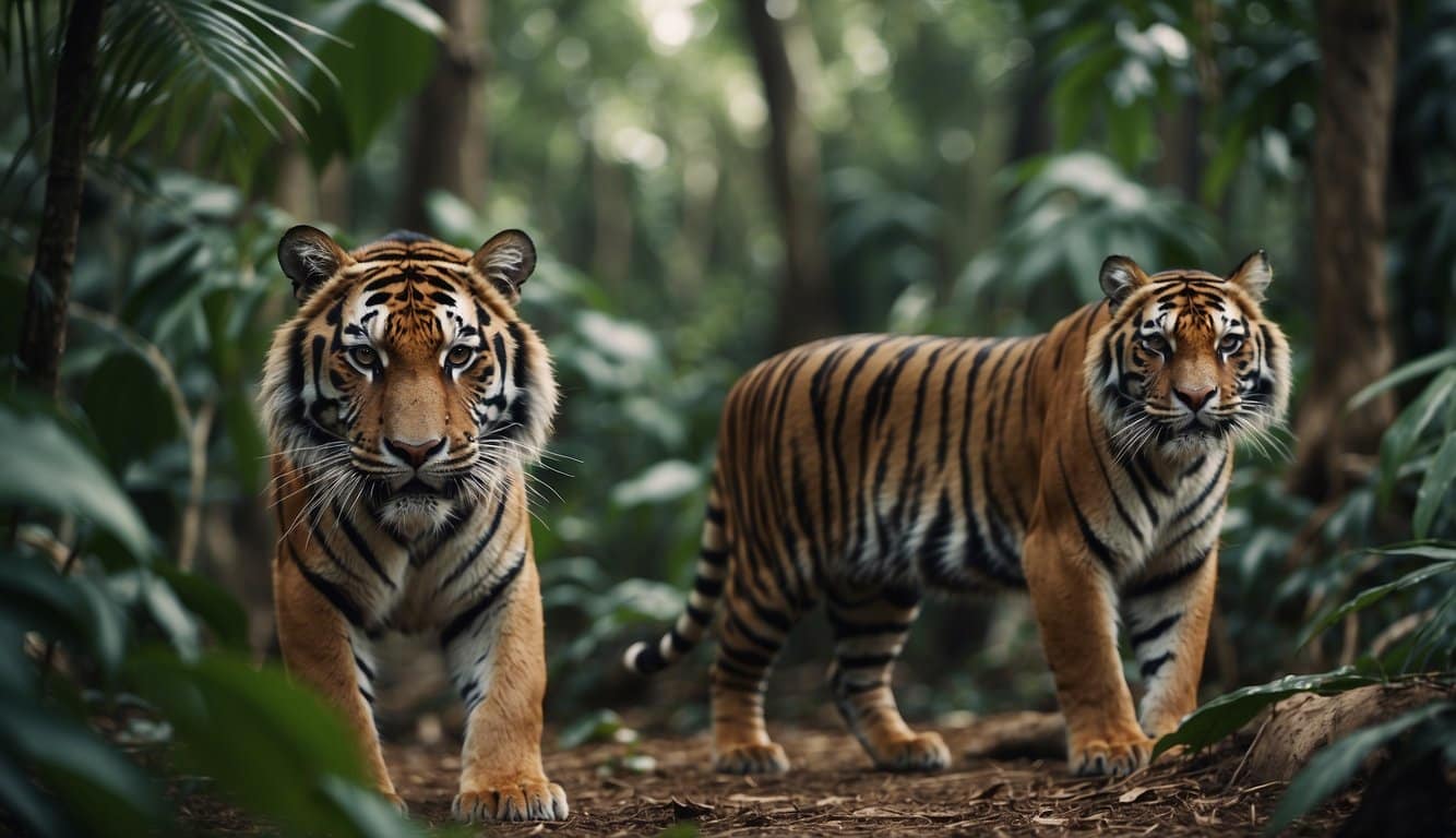 A tiger and a cobra facing off in a jungle clearing, ready to strike