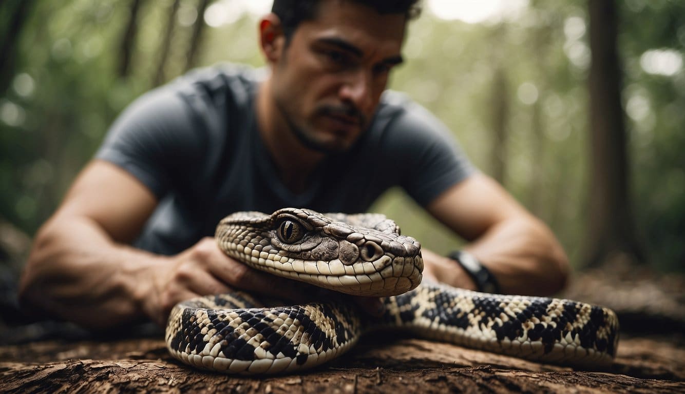 A person conserving and interacting with a Gaboon viper snake