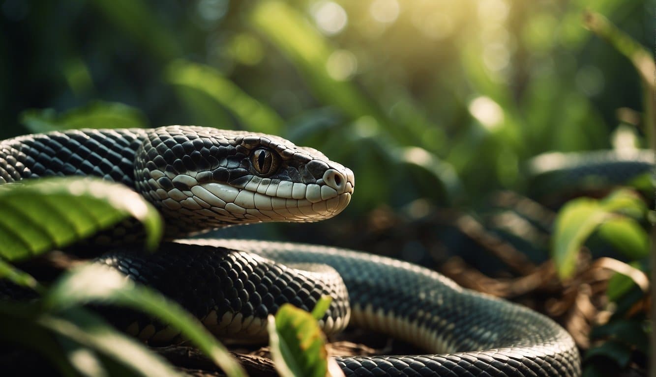 A group of friendly cobras slithering through a lush jungle, their scales glistening in the sunlight