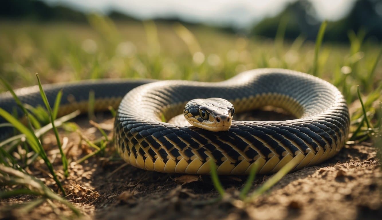 A snake slithers through a clean field, coexisting with other species