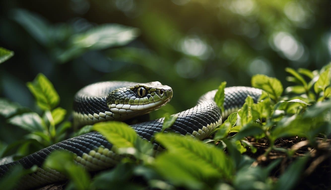 A snake slithers through the lush undergrowth, its scales glistening in the dappled sunlight. The vibrant green foliage provides a striking backdrop to the serpent's sinuous movement