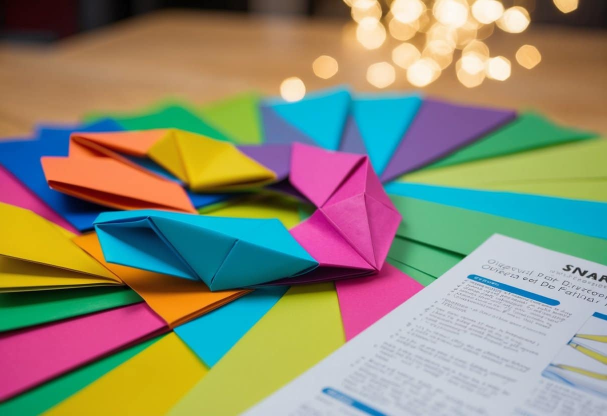 Como Fazer Cobra De Origami Passo A Passo 2 Uma variedade colorida de papel de origami, dobrado na forma de uma cobra, com instruções passo a passo próximas.