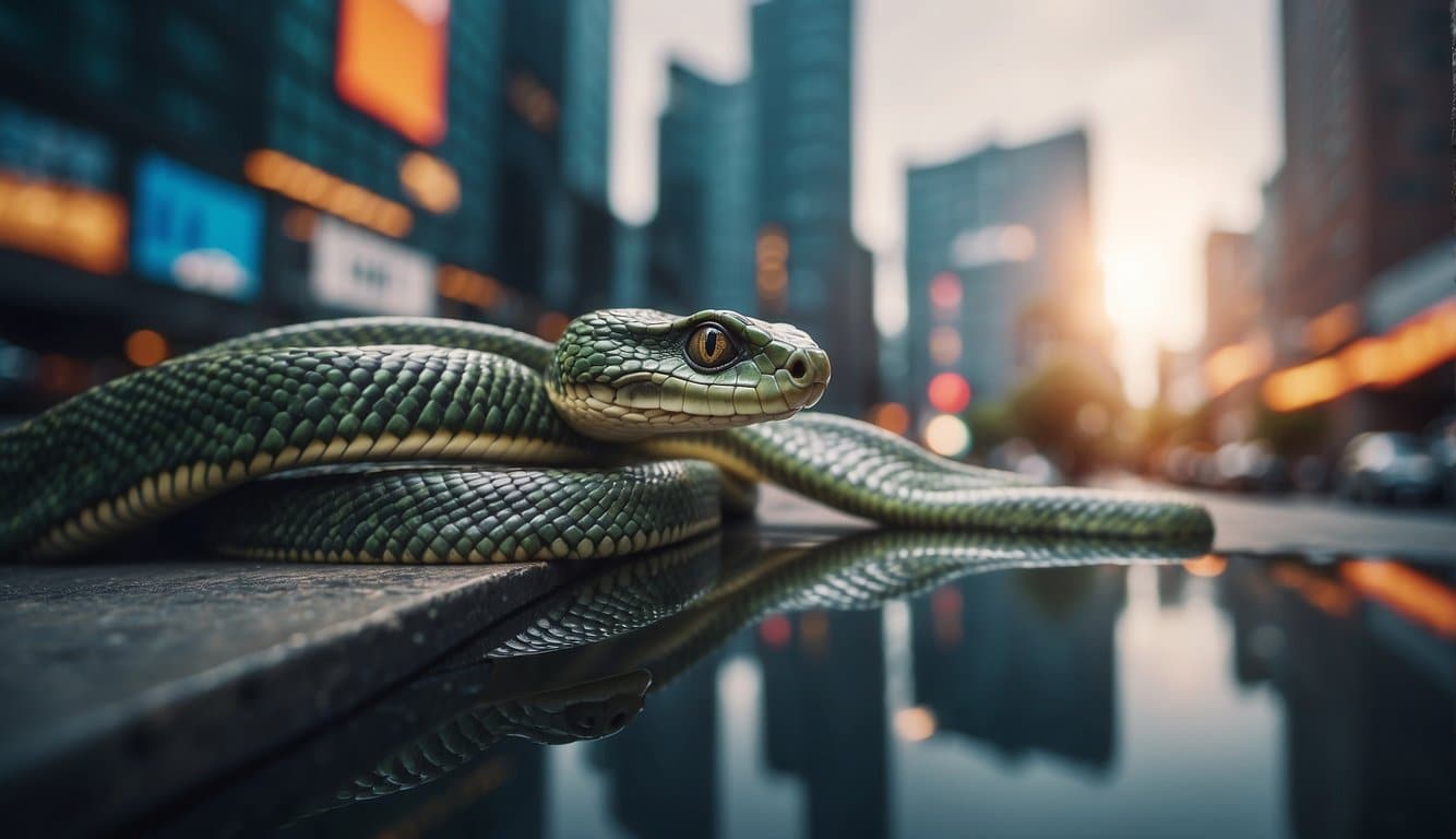 A serpent slithers through a modern city, leaving a trail of influence and legacy in its wake