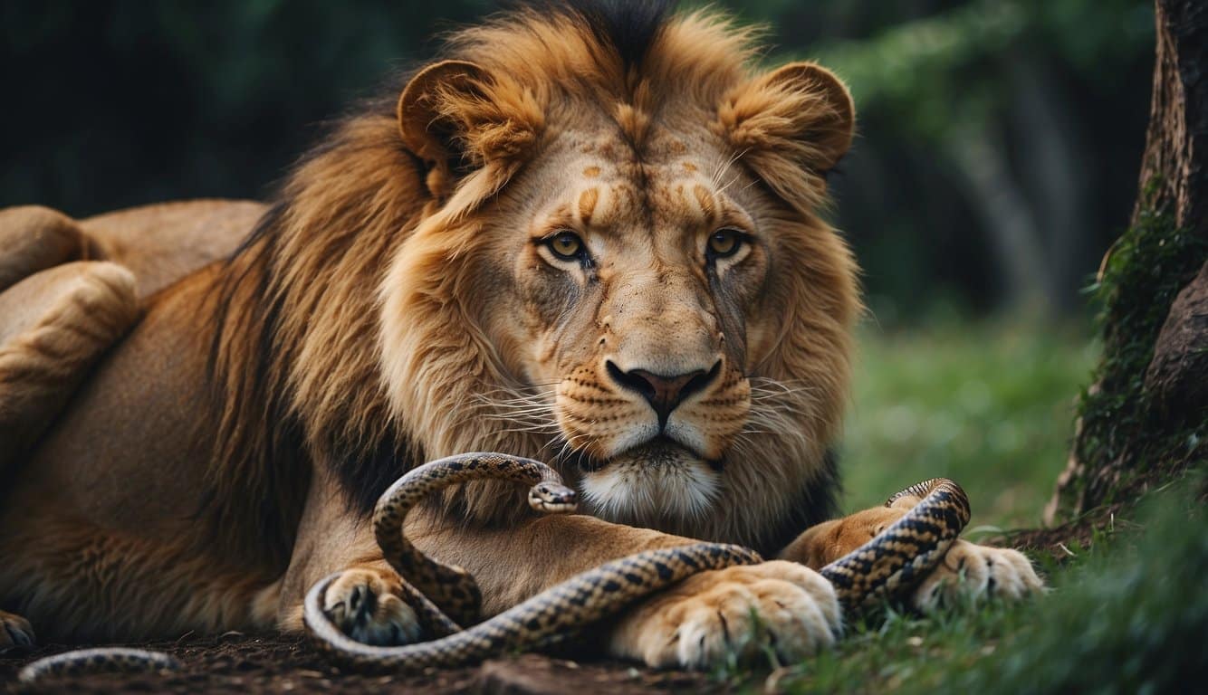 Lions in Culture and Society: A lion devouring a snake