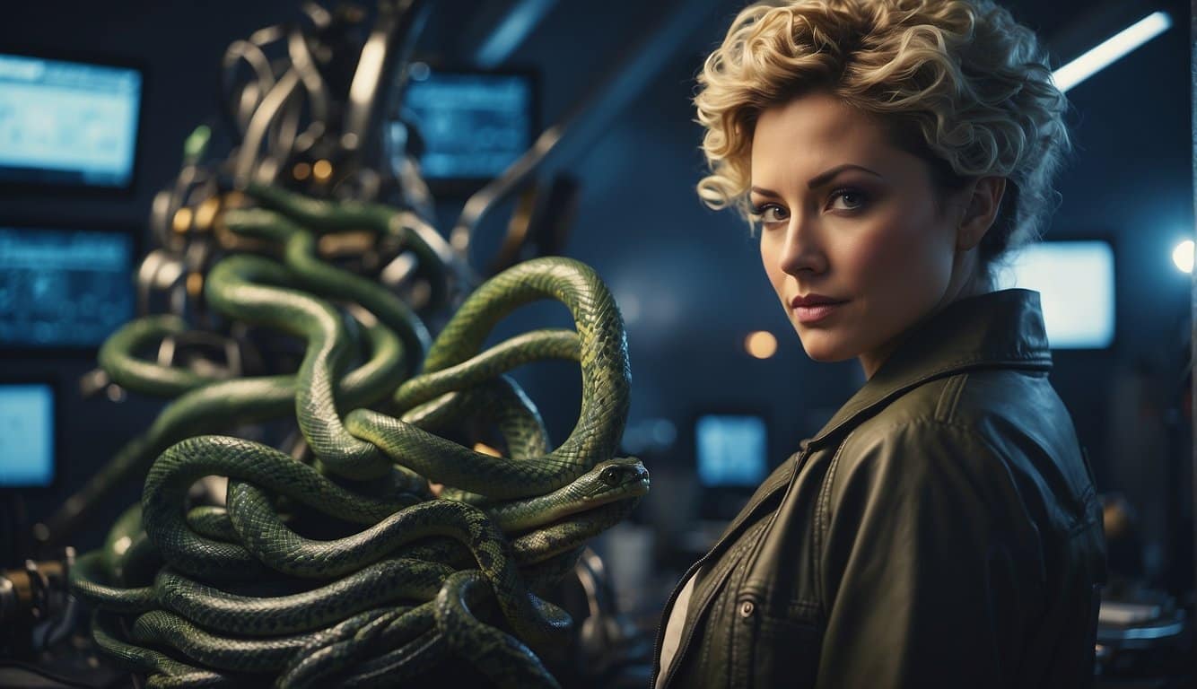 Mulher Com Cabelo De Cobra: Significado, Origem E Curiosidades 5 A woman with snake-like hair, surrounded by scientific equipment and biological imagery