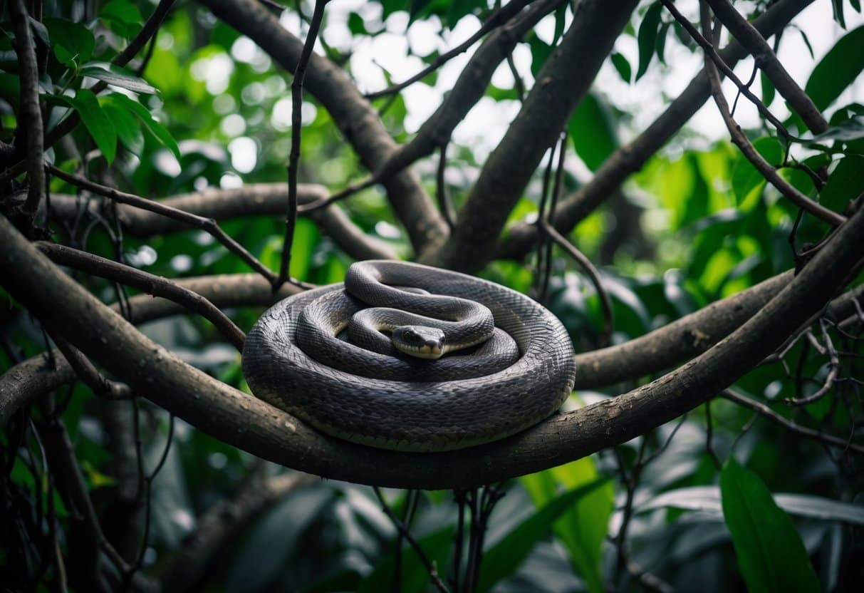 Um ninho de cobras em uma selva, com galhos e folhas entrelaçados criando um dossel denso e escuro