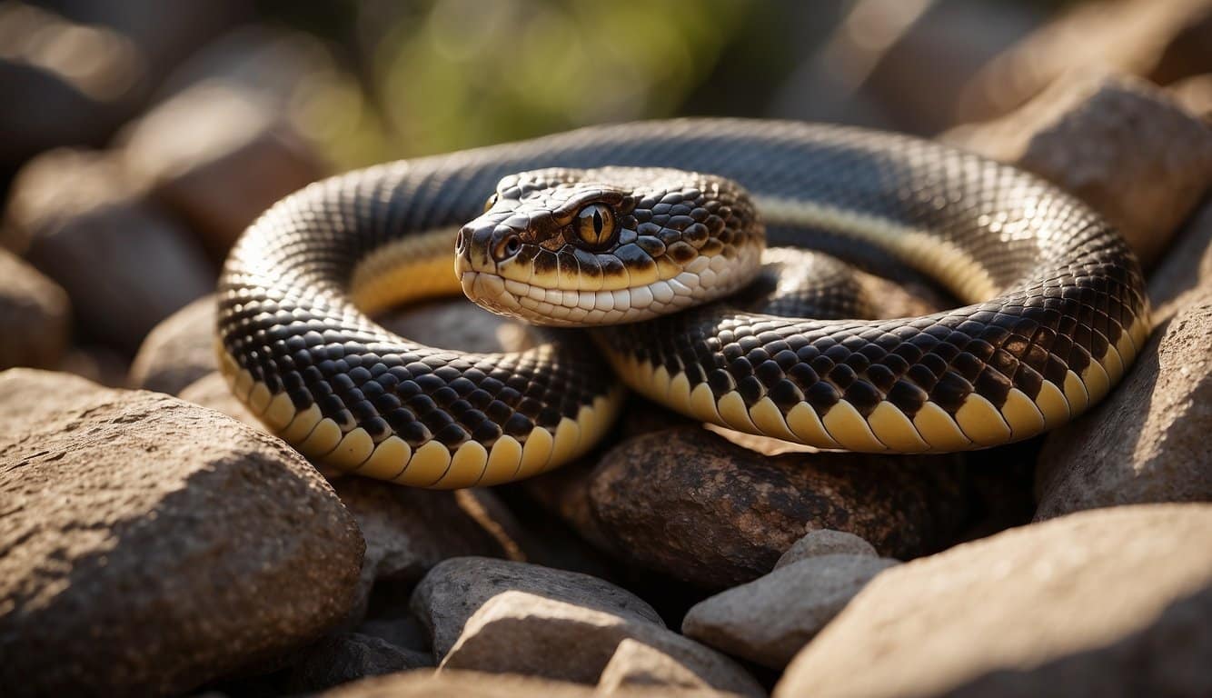 A snake slithers towards a pile of rocks, attracted by the warmth of the sun
