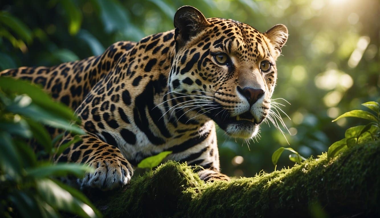 An illustration of a jaguar hunting a snake in the jungle, with lush green foliage and dappled sunlight filtering through the trees