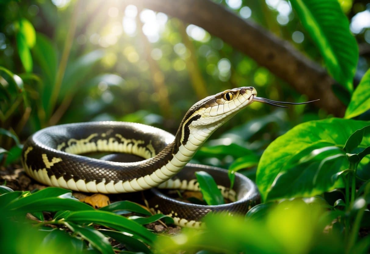 A cobra desliza por uma densa selva, suas escamas brilhando à luz do sol enquanto procura por presas na vibrante folhagem verde.