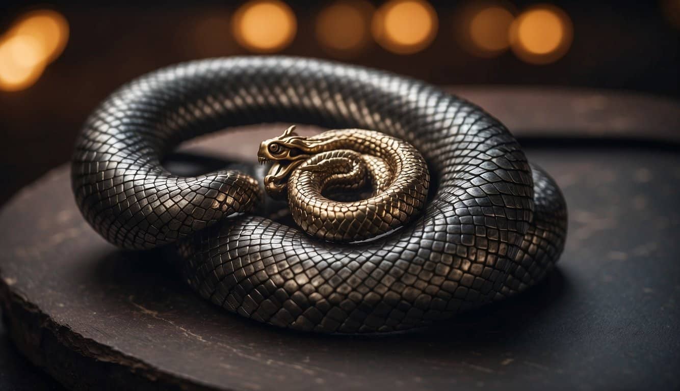 A steel serpent coiled around ancient martial arts symbols, representing legacy and influence in the martial arts