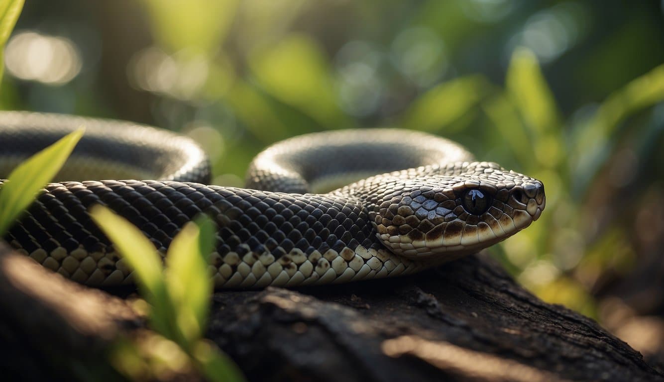 A venomous snake slithers through a dense jungle, its scales glistening in the dappled sunlight