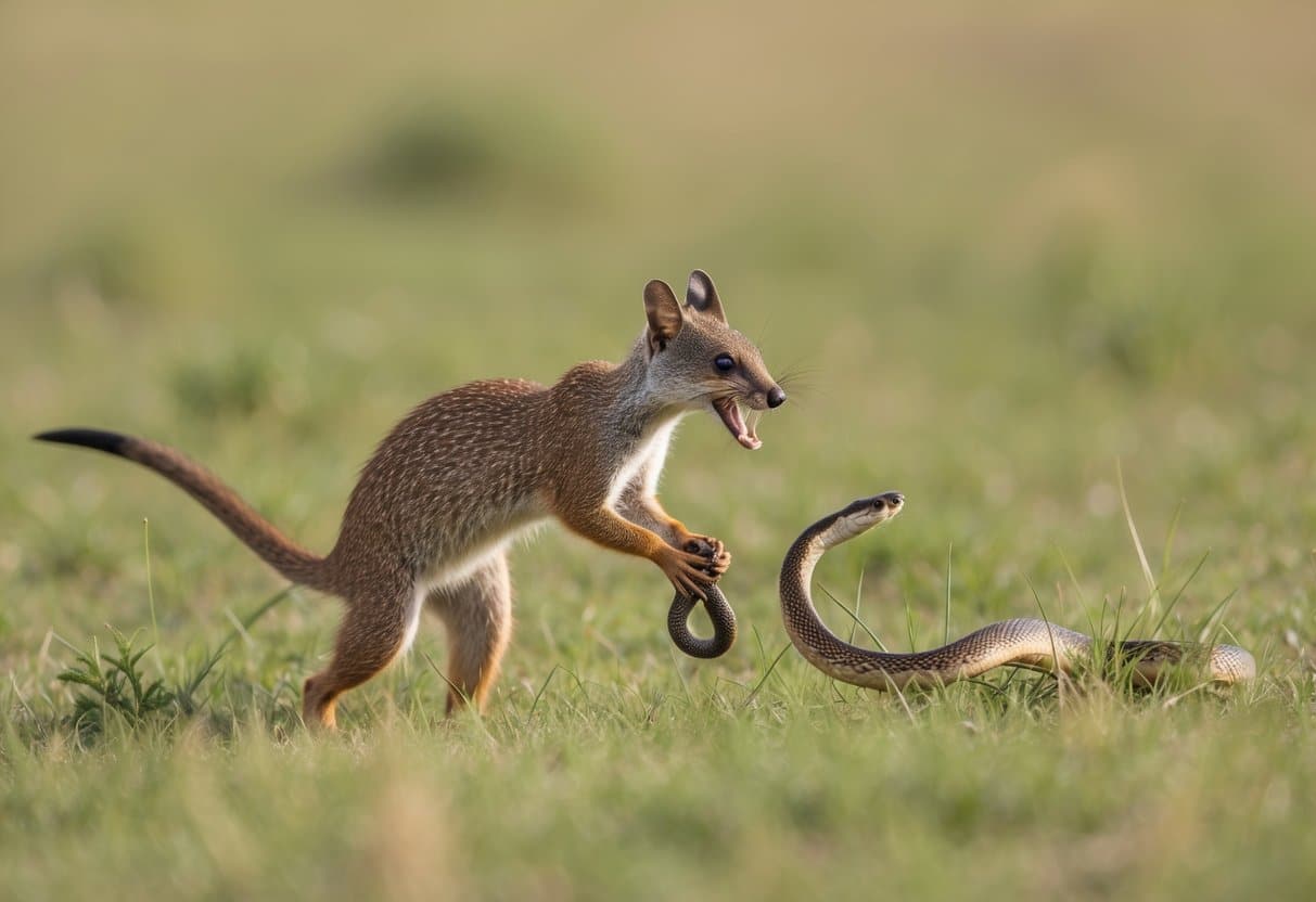 Uma mangusta caçando e matando uma cobra na savana gramada