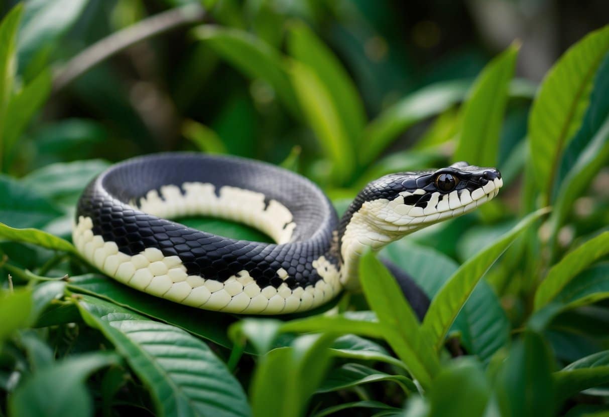 Uma elegante cobra Bcc Cobra nas cores preto e creme desliza através da folhagem verde luxuosa, com suas distintas marcas em forma de diamante se destacando contra suas escamas suaves.