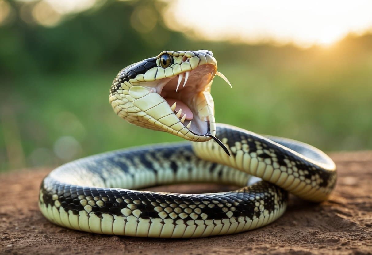 Uma cobra enrolada com capuz levantado, presas à mostra e sibilando, pronta para atacar