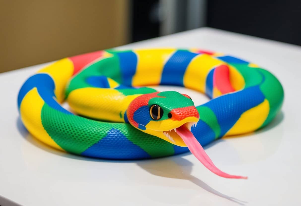 Uma cobra colorida de espuma EVA enrolada em uma mesa, com a língua saindo para fora e os olhos olhando para frente