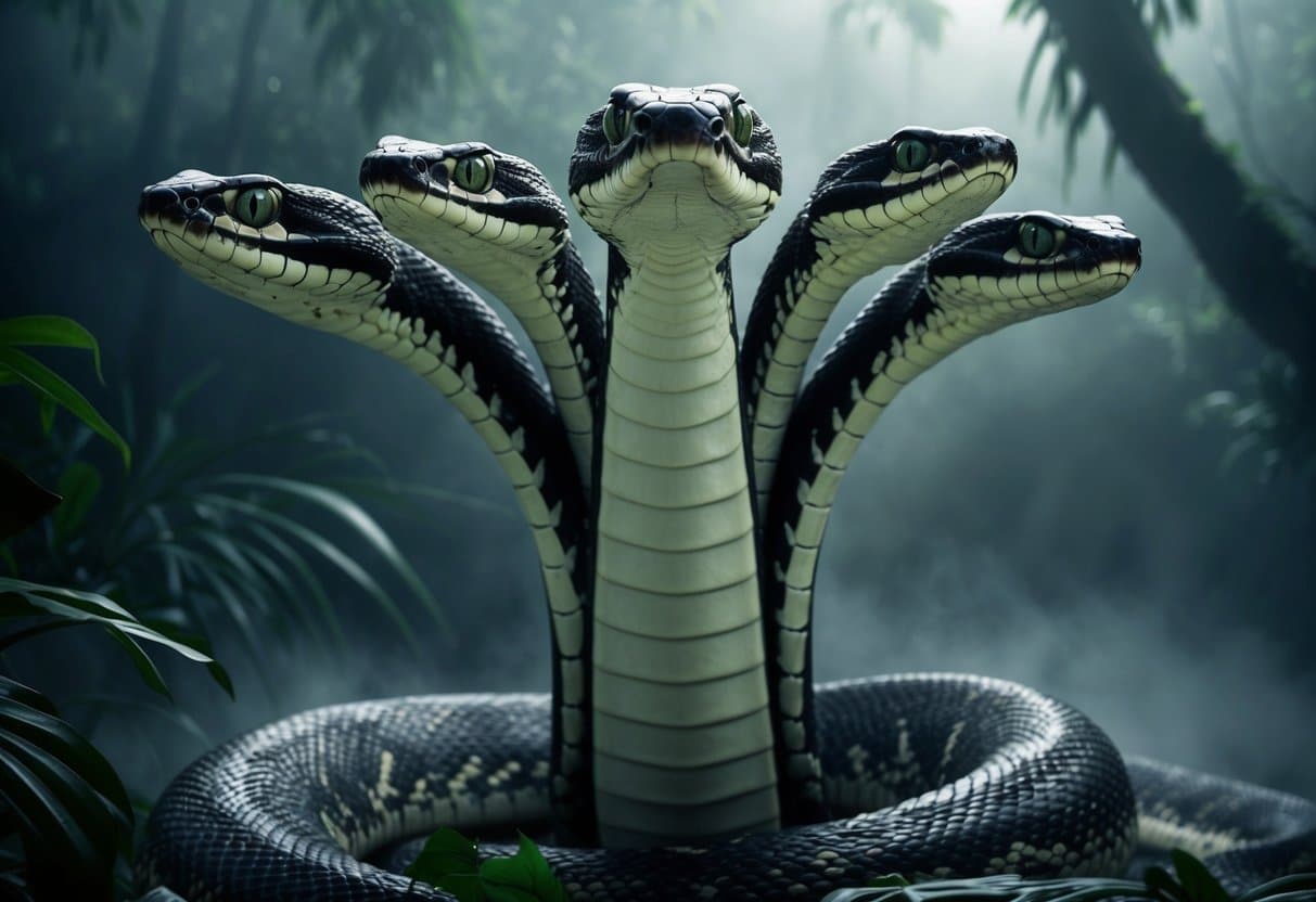 Uma cobra gigante de sete cabeças emergindo de uma selva escura e nebulosa, cada cabeça sibilando e encarando com olhos ameaçadores.
