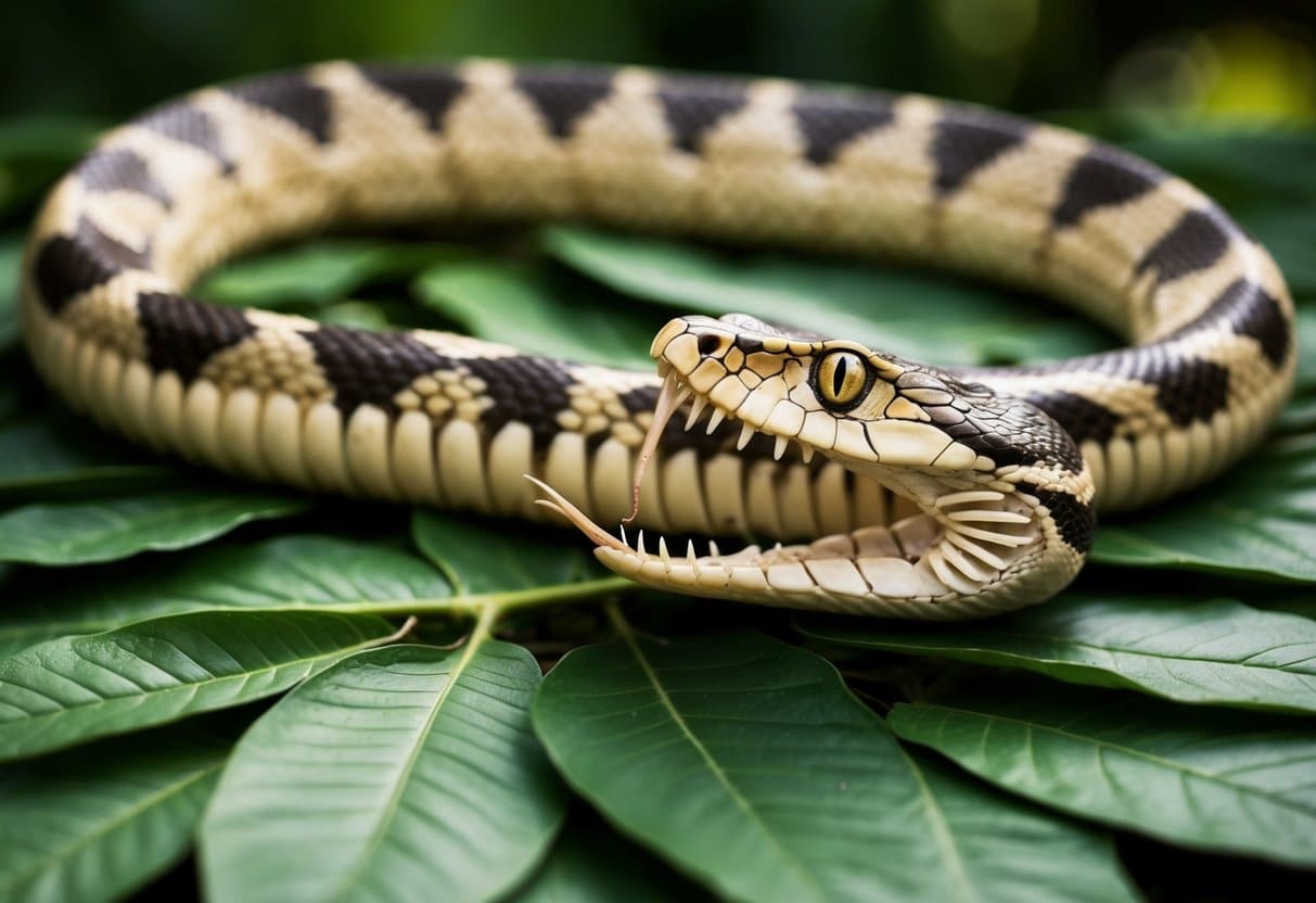 Um esqueleto de cobra enrolado em uma cama de folhas, com suas costelas e vértebras visíveis