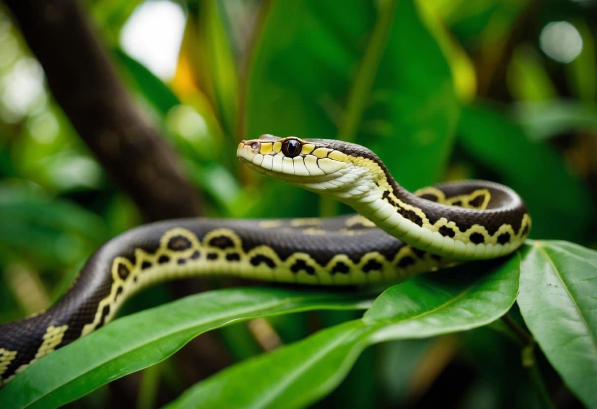 Uma cobra inofensiva desliza através da folhagem exuberante da floresta tropical brasileira.