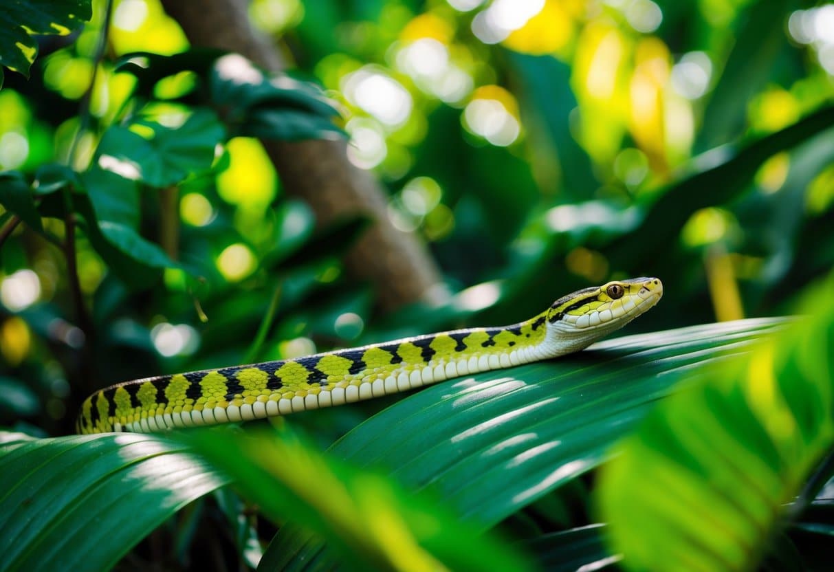A Cobra Lagarto desliza por uma floresta tropical exuberante, misturando-se com a vibrante folhagem verde e a luz do sol filtrando-se através do dossel.