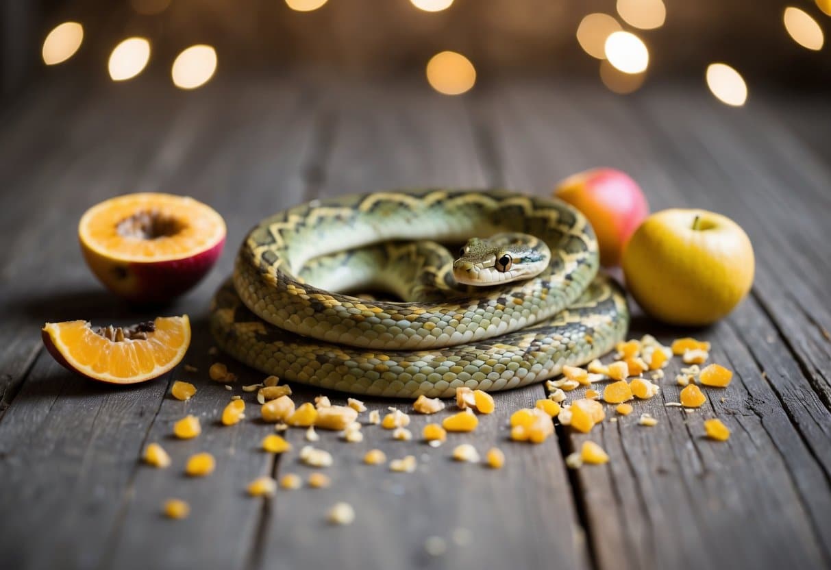 Uma cobra preguiçosa se estira em uma espiral, cercada por frutas meio comidas e um rastro espalhado de migalhas.