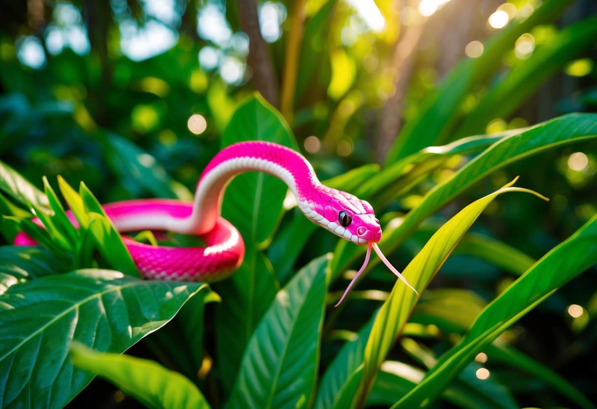 Cobra Rosa: Saiba Tudo Sobre A Espécie De Cobra Mais Venenosa Do Mundo 1 Uma cobra rosa vibrante desliza através da folhagem verde exuberante da selva, suas escamas brilhando ao sol.